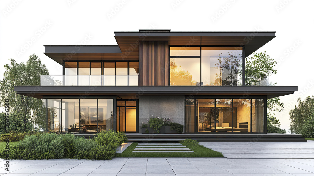 Fototapeta premium Modern loft style house with large windows and greenery