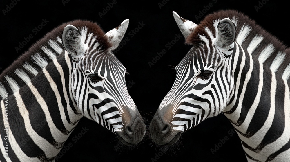 Fototapeta premium Two Zebras Face to Face Close Up Black Background Wildlife African Animals Stripes