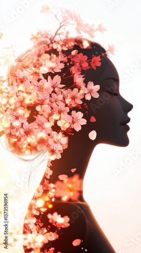 Profile of a woman surrounded by blossoming flowers during a peaceful sunset at a tranquil nature setting