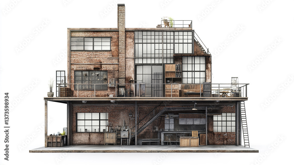 Loft style house with industrial design on white background Loft style house with industrial design on white background