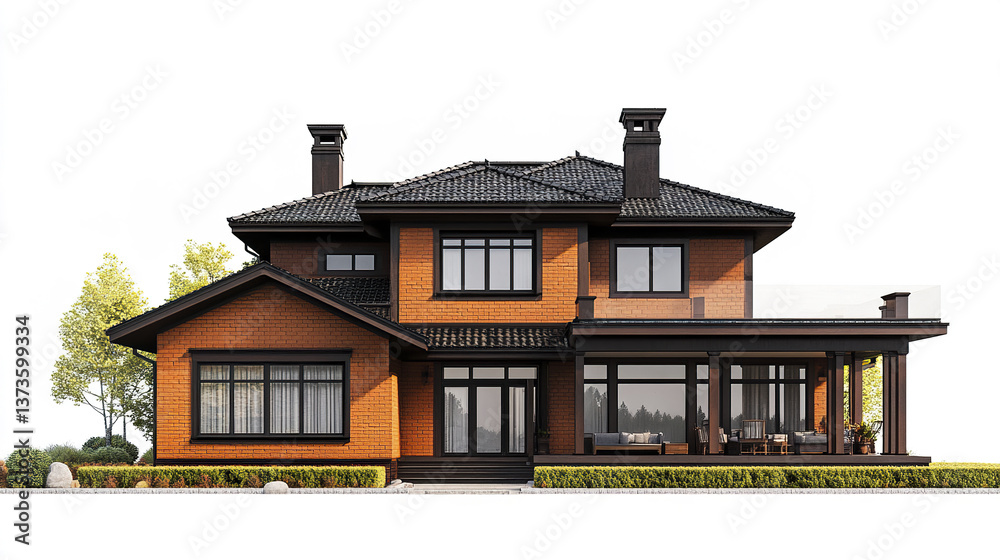 Obraz premium Two story brick house with large windows and porch, surrounded by greenery