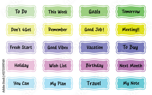 Planner stickers, Organizer tags, Printable planner stickers. Planners and weekly days label. Bullet journal stickers, planner, scrapbook stickers design.
