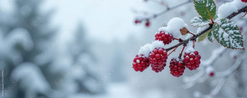 Snow-covered blackberry branches against grey sky, snowy winter garden, winter garden, icy