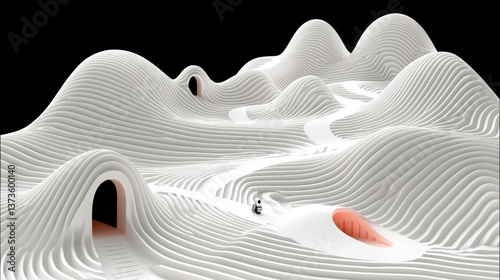 Abstract 3D White Landscape  Minimalist Architectural Design  Surreal Hills  Pathways  Tun
