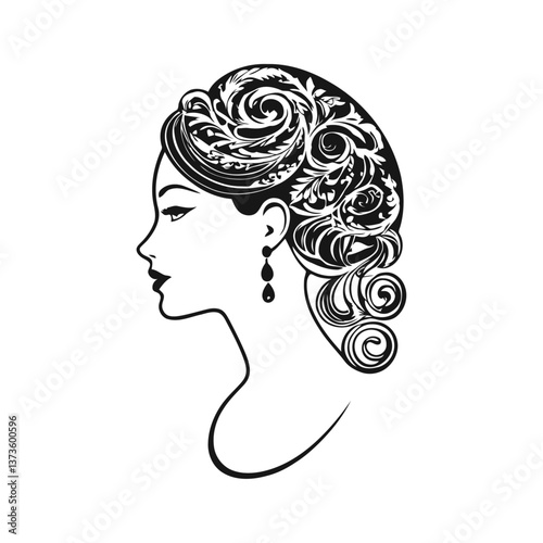A black and white vector silhouette of an elegant woman’s cameo profile with vintage details on a white background