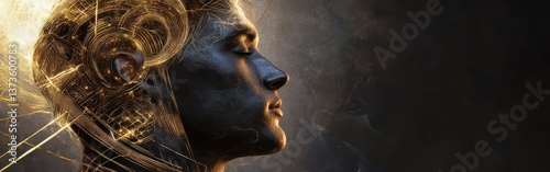 Mystical profile of a man filled with ethereal light and energy in a dark surreal landscape
