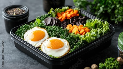 Healthy colorful meal prep container with fried eggs, broccoli, shredded carrots, black rice, lettuce on dark countertop with small spice containers