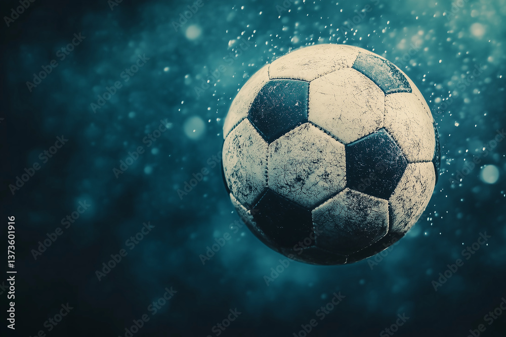 Naklejka premium classic black and white soccer ball suspended mid-air with dramatic lighting and atmospheric particles