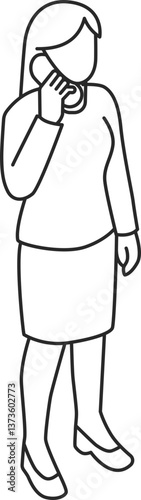 Isometric woman line icon in skirt holding phone to ear and standing, vector.