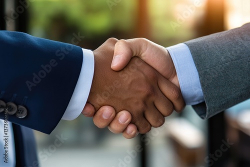 Two business professionals shaking hands in agreement, symbolizing partnership and trust