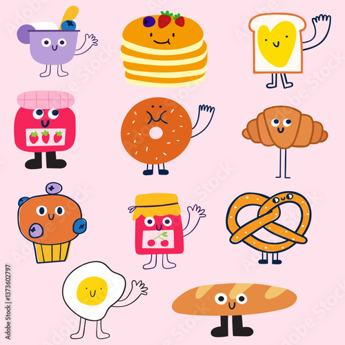 Collection of cute sweet food characters. Flat vector illustrations on pink background.