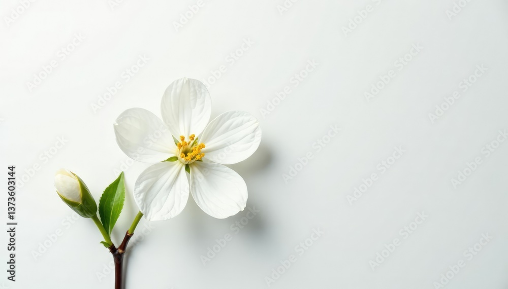 Single isolated white-petaled flower branch on white background, background, blossom, blossoms Single isolated white-petaled flower branch on white background, background, blossom, blossoms