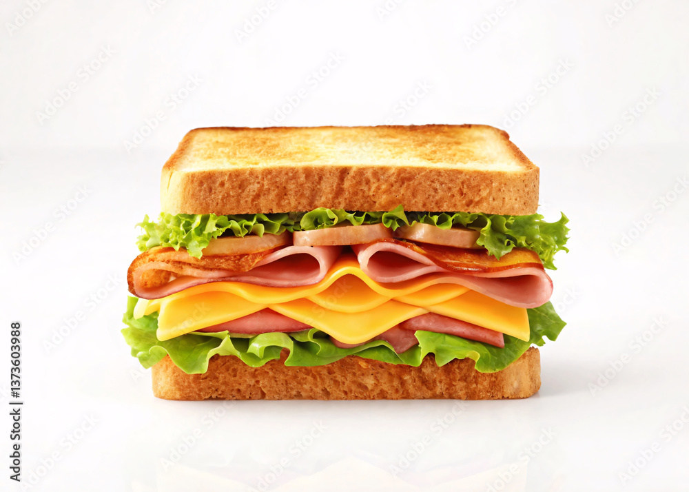 Thick sandwich with ham cheese bacon lettuce and tomato on white background. Thick sandwich with ham cheese bacon lettuce and tomato on white background.