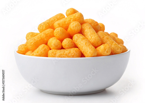 White bowl filled with cheese puffs on white background.