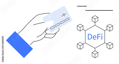 Hand holding credit card near decentralized finance concept with blockchain network. Ideal for finance, fintech, blockchain, DeFi, cryptocurrency, digital economy, and payment systems. Flat simple