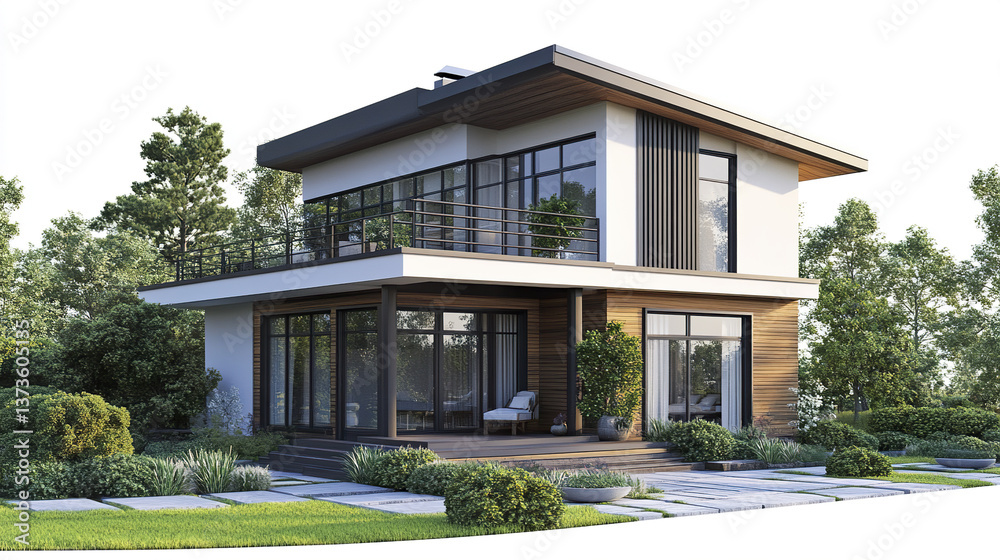 Modern two story house with large windows and garden setting Modern two story house with large windows and garden setting