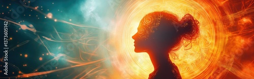 Radiating energy, a woman embodies light and strength amidst cosmic swirls and vibrant colors in a mystical setting