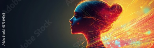 Conceptual portrayal of a glowing woman radiating light and energy against a dark background