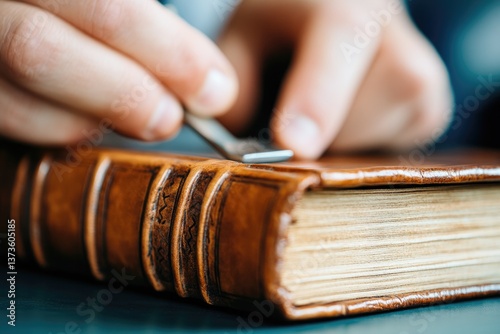 Artisanal bookbinder handling rare edition with careful precision for conservation and preservation