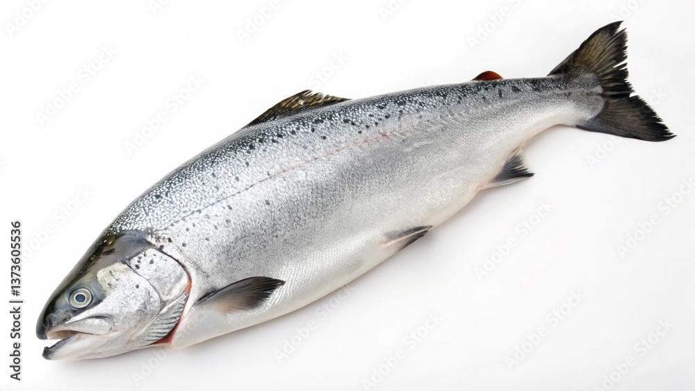 Naklejka premium Fresh Whole Salmon Fish - Sleek Silver Body, Smooth Scales & Sharp Fins on White Background