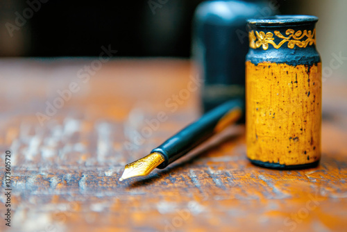 Close up of antique manuscript with intricate detailing and vintage fountain pen for historical documentation or artistic display