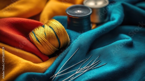 Close-up of dressmaking tools including tailor's chalk and sharp pins