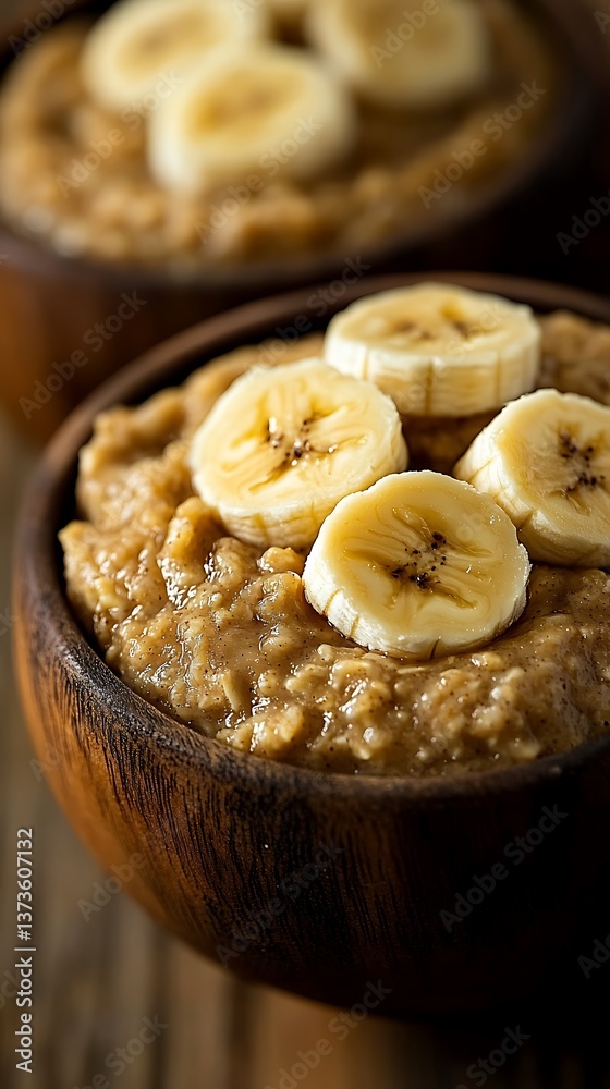 Oatmeal with Bananas on Wooden Table Oatmeal with Bananas on Wooden Table