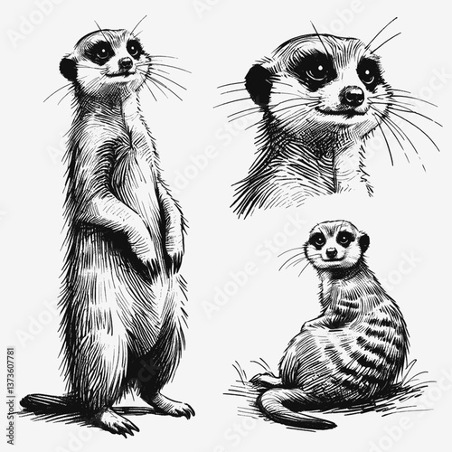 Desert Sentinel Meerkat line art drawing ink sketch vector hand drawn illustration background