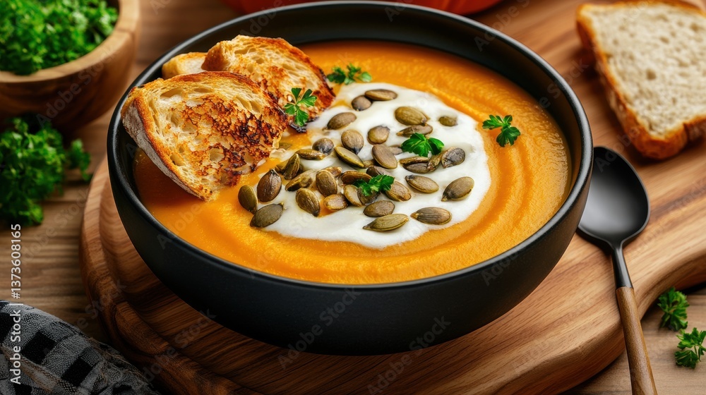 Creamy pumpkin soup garnished with toasted bread and pumpkin seeds served on wooden board with fresh parsley and slices of bread for perfect meal Creamy pumpkin soup garnished with toasted bread and pumpkin seeds served on wooden board with fresh parsley and slices of bread for perfect meal