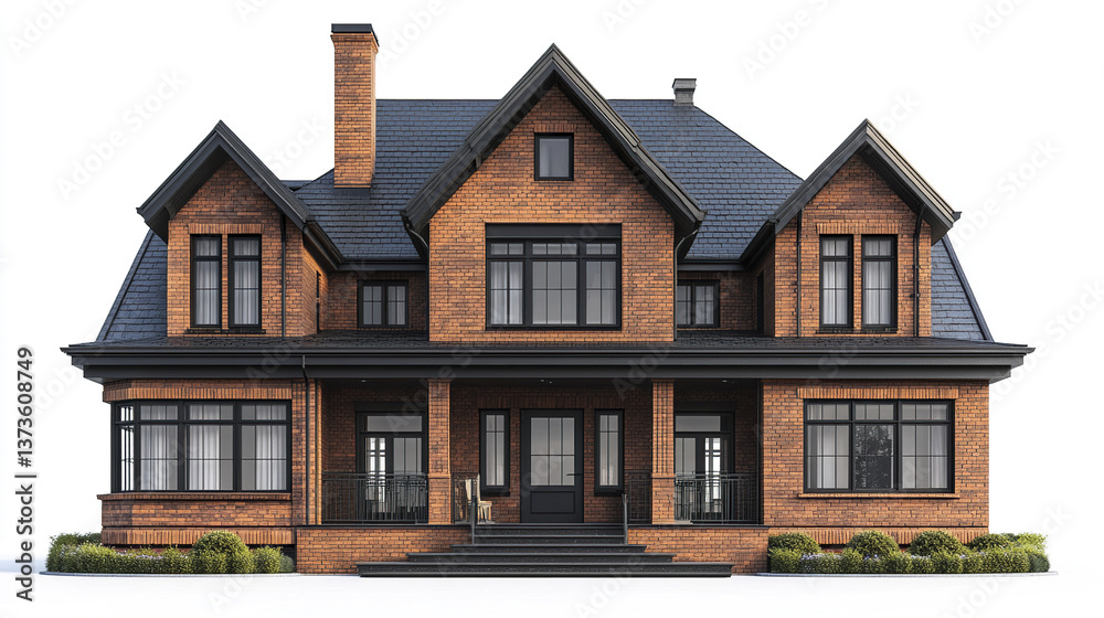 Brick house with gabled roof and large windows on white background Brick house with gabled roof and large windows on white background