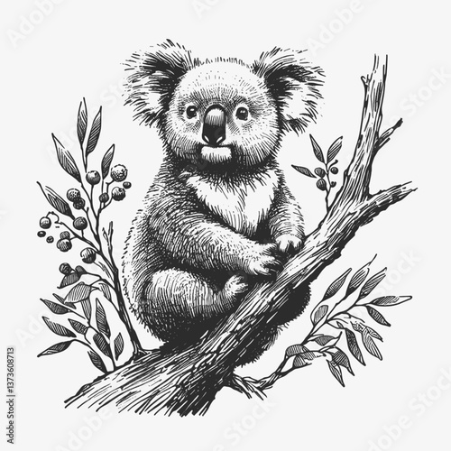 Nature’s Sleepy Ambassador Koala line art drawing ink sketch vector hand drawn illustration background