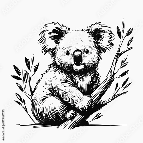 Paws and Ponder Koala line art drawing ink sketch vector hand drawn illustration background