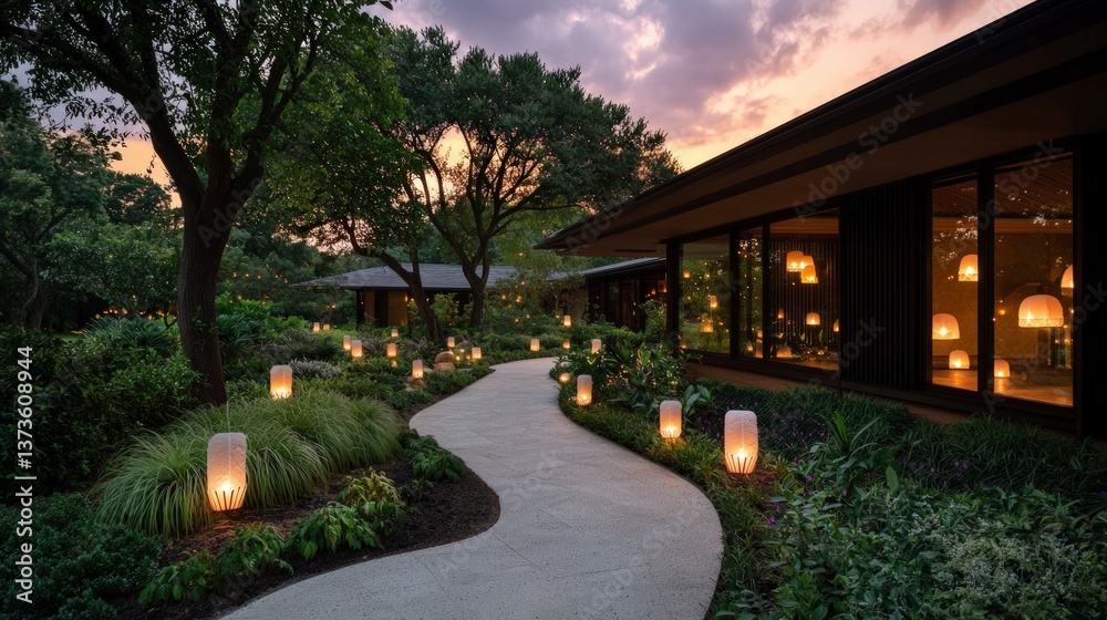 Serene Garden Path Sunset Lanterns Pathway Landscape Twilight Exterior Lighting Ar Serene Garden Path Sunset Lanterns Pathway Landscape Twilight Exterior Lighting Ar