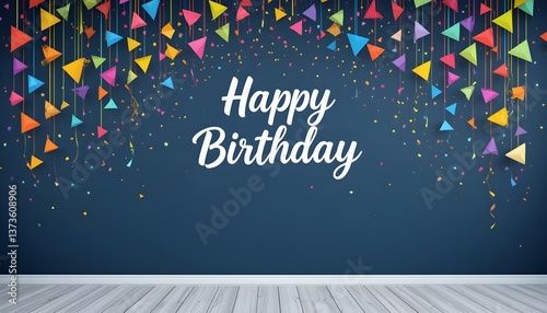 Birthday celebration, colorful triangle bunting, festive party decorations, dark blue background.