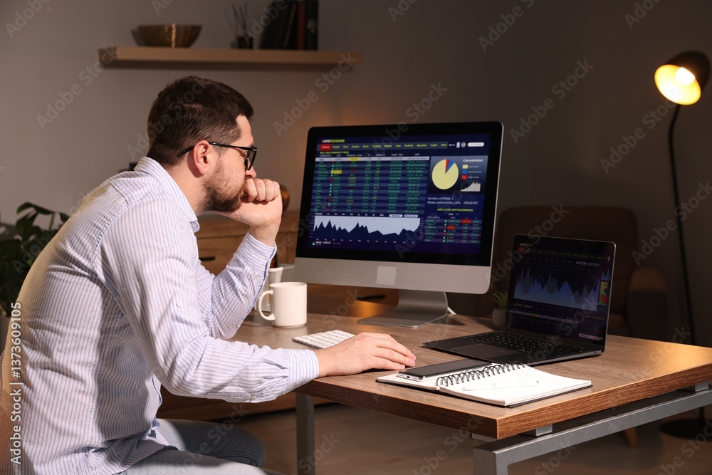 Stock exchange. Man analysing financial market on computer at desk indoors Stock exchange. Man analysing financial market on computer at desk indoors