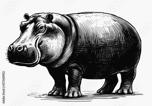 A Hippo in Its Element Hippopotamus hippo line art drawing ink sketch vector hand drawn illustration background