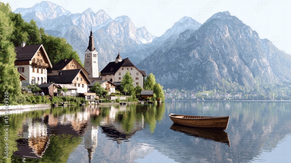 Fototapeta premium Serene Alpine Lake Village Mountains Church Boat Reflections