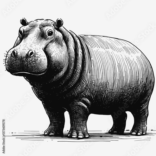 Mud & Majesty Hippopotamus hippo line art drawing ink sketch vector hand drawn illustration background