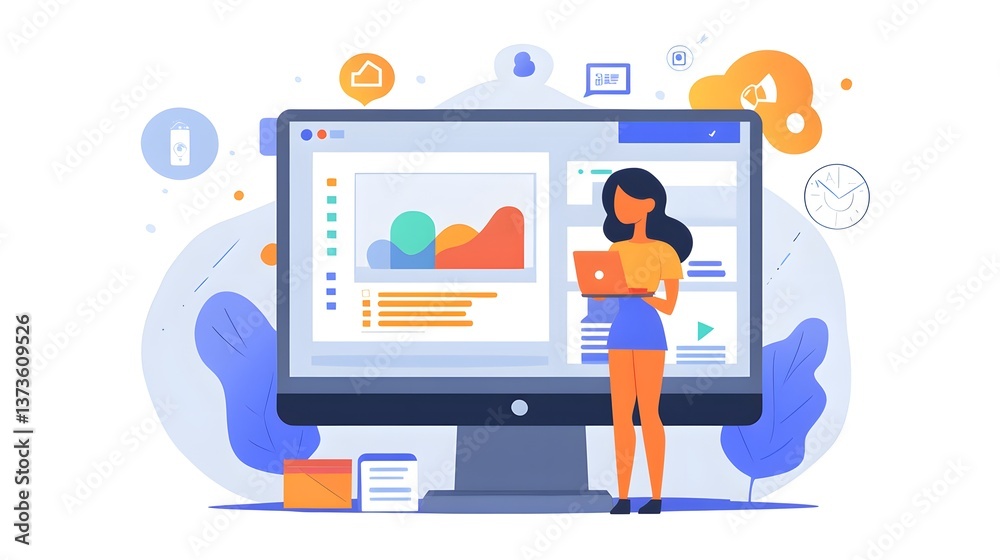 Empowering Data Analysis: A vibrant illustration of a businesswoman engrossed in data analysis, utilizing the latest tech tools to unlock insights, all set against a dynamic backdrop. Empowering Data Analysis: A vibrant illustration of a businesswoman engrossed in data analysis, utilizing the latest tech tools to unlock insights, all set against a dynamic backdrop.