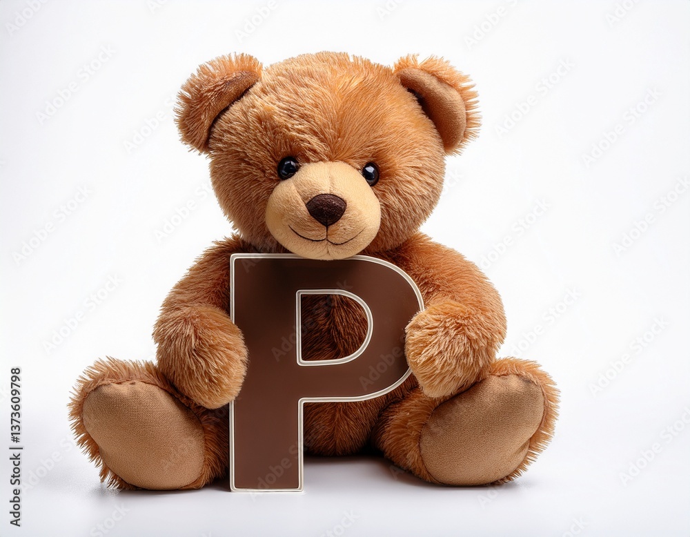 Obraz premium Cute brown teddy bear with letter P. Baby name reveal after child birth. Stuffed animal isolated on white background