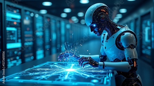 A robot analyzing a digital network in a futuristic server room