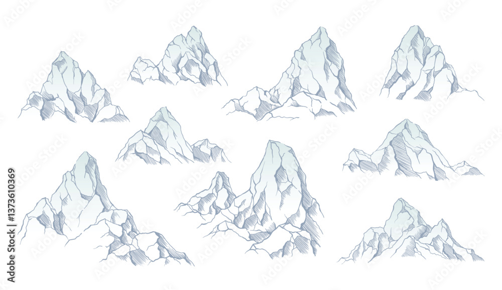 Mountains climbing routes to top rock with red flag on peak. Business journeys path in progress, way to success or concept of goal. Vector illustration