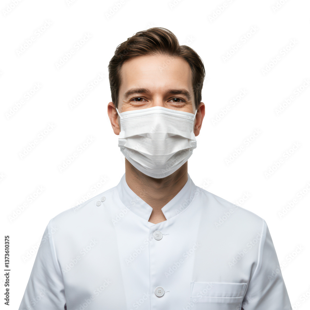 Portrait of a smiling doctor wearing a face mask and lab coat against a black background. Portrait of a smiling doctor wearing a face mask and lab coat against a black background.