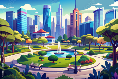A panoramic view of a public park surrounded by towering high-rise buildings in the bustling metropolis