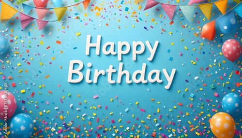 Colorful birthday party scene, vibrant balloons, festive paper streamers, confetti shower, cheerful blue background, white 