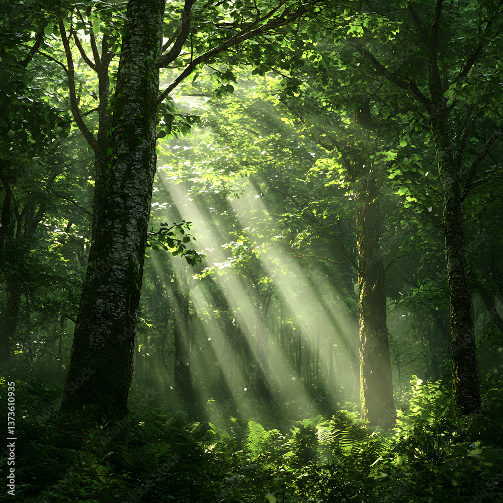 Obraz premium Sunbeams Illuminating Lush Forest Tranquil Nature Scene