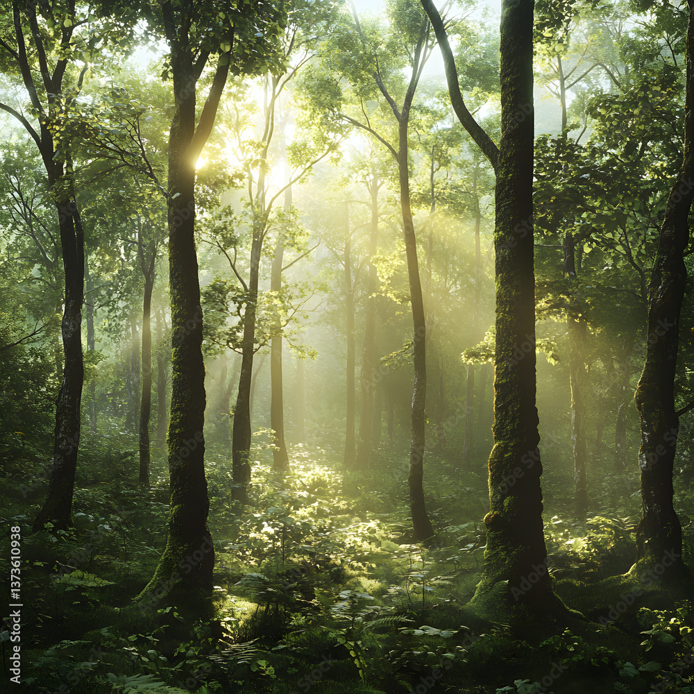 Obraz premium Golden sunbeams filter through a vibrant lush forest canopy dappling the mossy undergrowth
