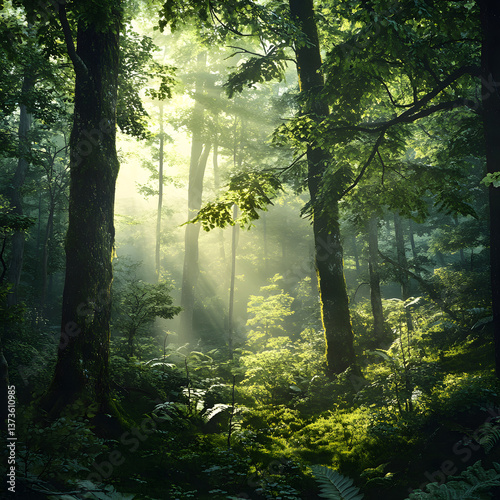 Golden sunbeams filter through a dense emerald green forest canopy dappling the forest floor below