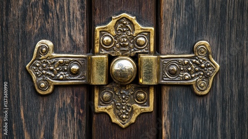 Ornate Antique Brass Door Latch on Dark Wood