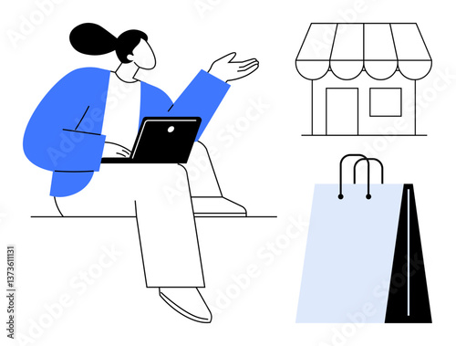 Woman sitting holding laptop, gesturing toward abstract storefront and shopping bag. Ideal for retail, e-commerce, online shopping, marketing, entrepreneurship, small business, digital innovation
